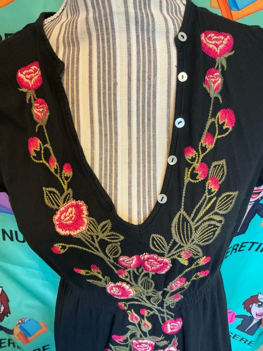 Johnny Was Black Mini Dress with Pink Rose Embroidery size Med